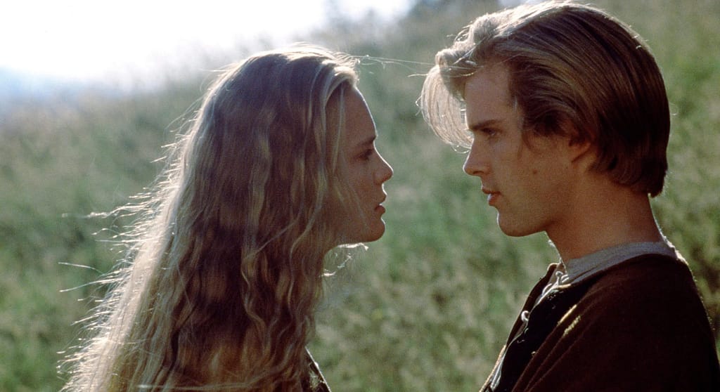 shows Westley and Buttercup kissing with a background of sunset.